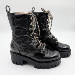 Gucci GG Matelassé lace-up combat boot Black Leather Logo Quilted Size  36.5